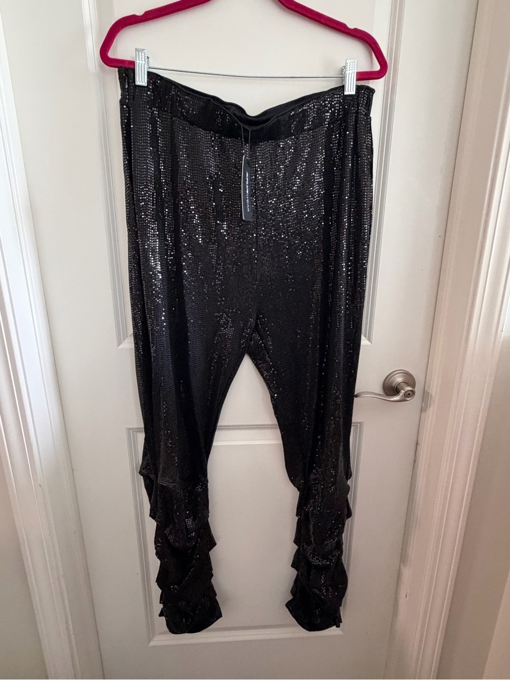 Black Sequin Straight Leg Pants with Ruffle Hem